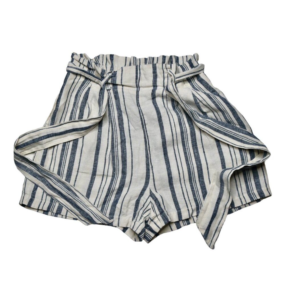 Zara Women's Cream and Blue Summer Linen Striped Shorts, size Extra Small